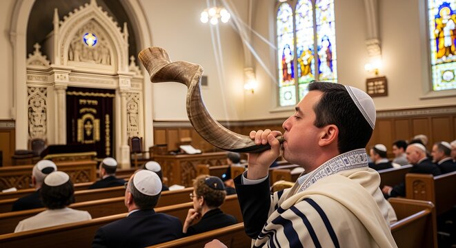 The sounding of the shofar (ram's horn) at synagogue services.