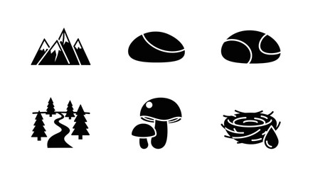 Obraz premium Nature Icons: Mountains, Stones, Forest Path, Mushrooms, Nest