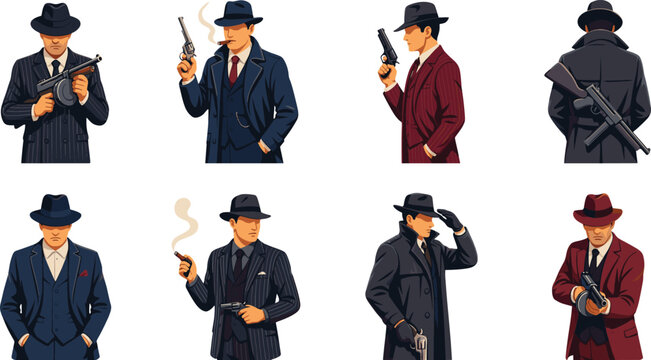 Vintage Retro Gangster and Mafia Character Set with Mobsters Wearing Fedora Hats and Suits Holding Tommy Guns and Revolvers for Noir Crime Vector Designs