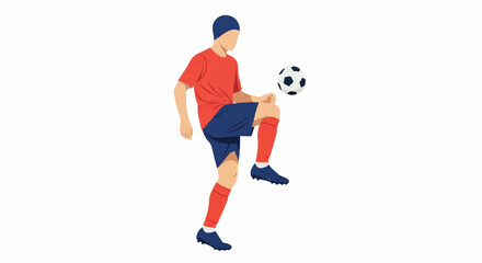 Obraz premium A soccer player performing a rhythmic juggling sequence using the knees, ball suspended in air, focus on coordination and street football freestyle, minimalist urban style, high negative space,