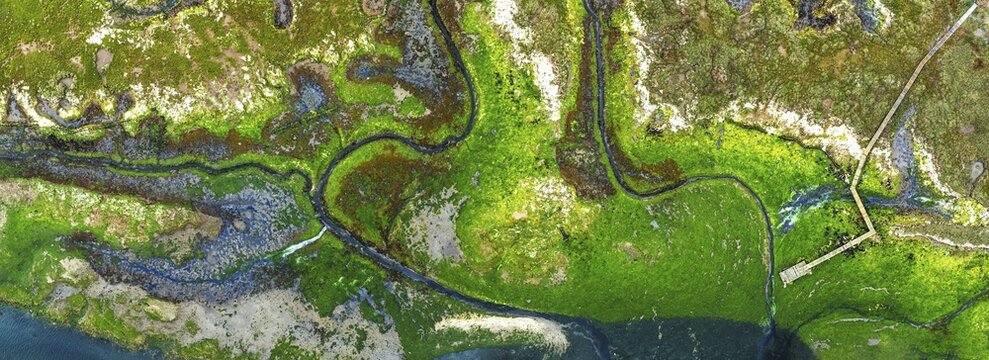 Top Down over River Hamble Mud at low tide from drone, Swanwick, Southampton, Hampshire, England, United Kingdom