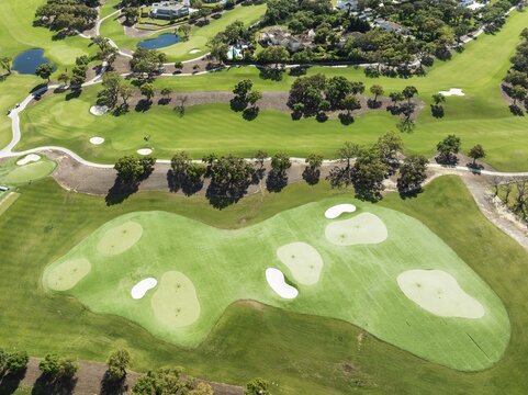 Driving range with greens and bunkers at the San Roque Club Golf Resort. Aerial view. Drone shot. C&aacute;diz province, Andalusia, Spain