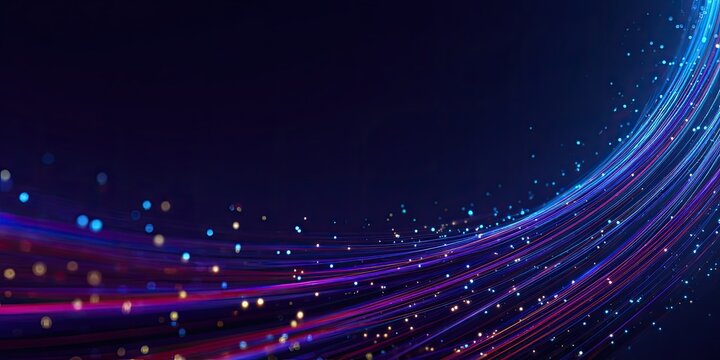 Abstract digital flow of vibrant blue and purple light streaks with floating particles
