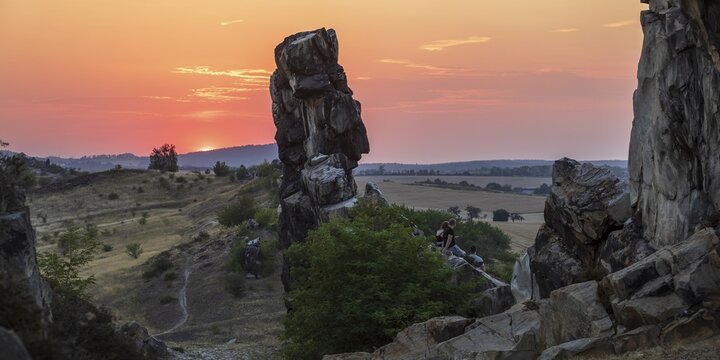 Sunset at the Devil's Wall near Weddersleben, Thale, Harz, Saxony-Anhalt, Germany