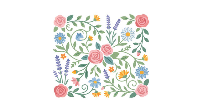 Floral Pattern Design with Roses, Daisies, and Lavender - Vintage Botanical Illustration