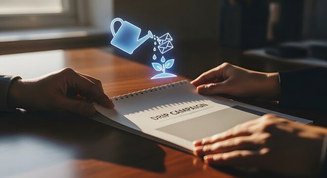 Drip campaign concept hands over notebook with digital email and plant growth illustration
