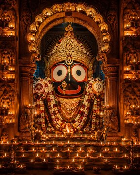 Indian Spiritual Festival of Jagannath Rath Yatra with Beautiful Wooden Chariots, Temple, Flowers, and Festive Crowd Vector