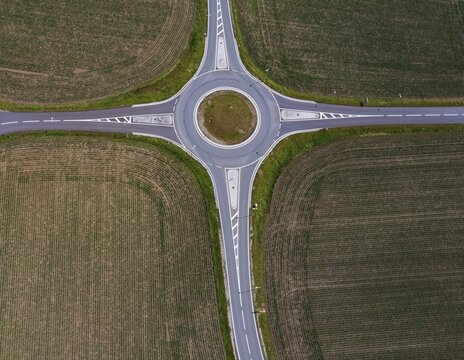 Drone image, roundabout between harvested fields, Asten, Linz Land district, Upper Austria, Austria