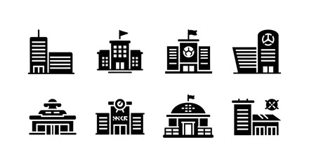 Obraz premium Set of Building Icons: Office, School, Government, and More
