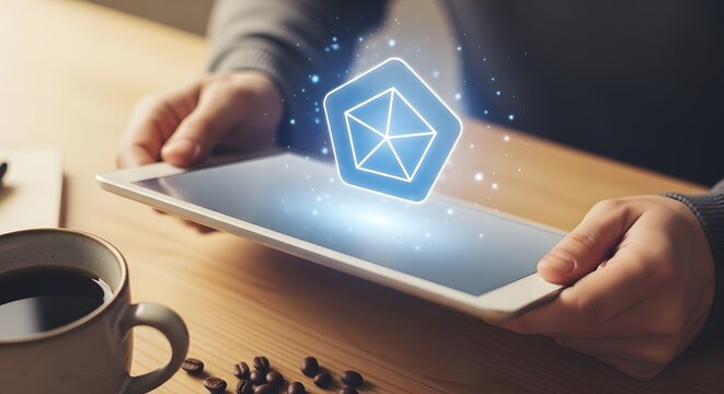 Person holding tablet with ethereum logo and coffee cup on wooden desk