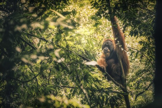 Sumatra-Gunung Leuser National Park, An orangutan sits quietly in the thick branches of the jungle and observes the surrounding area, Sumatra, Malaysia