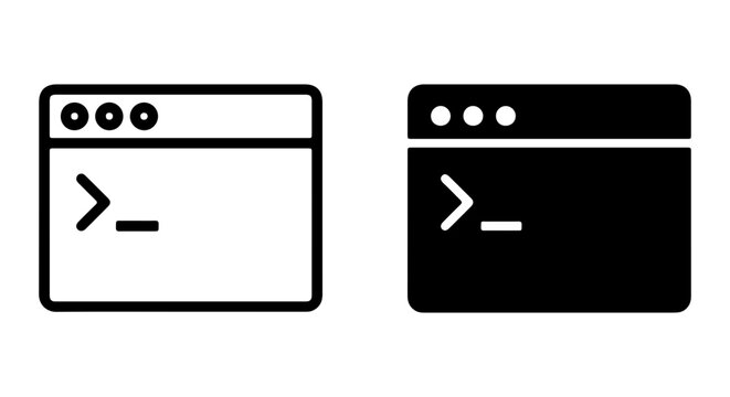Command Line Interface Icons, Terminal Window Symbols, Coding Prompt Vector Graphics, Black and White