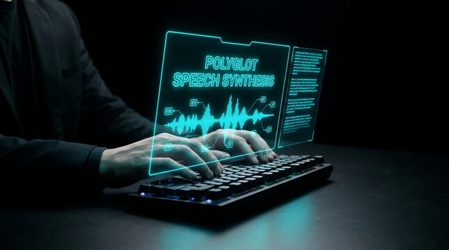 A businessman typing on a keyboard with a futuristic holographic polyglot speech synthesis interface.