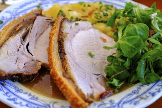 Roast pork with potato salad, Erlebnisgastst&auml;tte Erlensee, near Schechen, Upper Bavaria, Bavaria, Germany