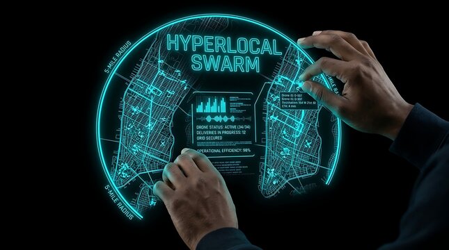 Futuristic digital interface showing hyperlocal swarm technology and mapping data.