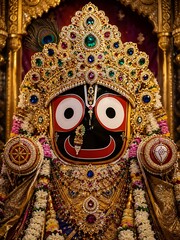 Fototapeta premium Indian Spiritual Festival of Jagannath Rath Yatra with Beautiful Wooden Chariots, Temple, Flowers, and Festive Crowd Vector