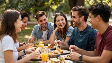 Obraz premium Young friends laughing and eating at outdoor picnic table