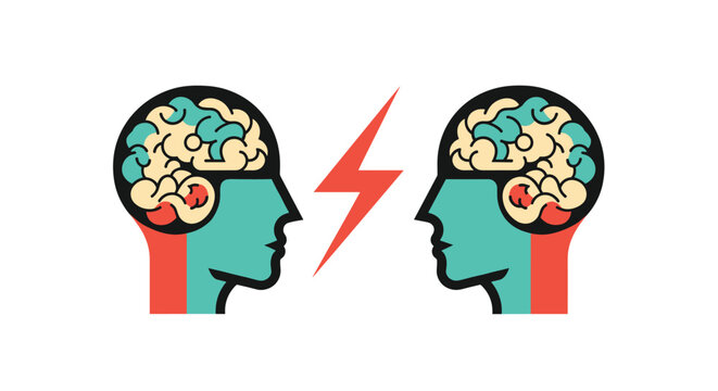 Two stylized profiles of human heads with visible brains face each other, separated by a red lightning bolt, illustrating direct brain communication.