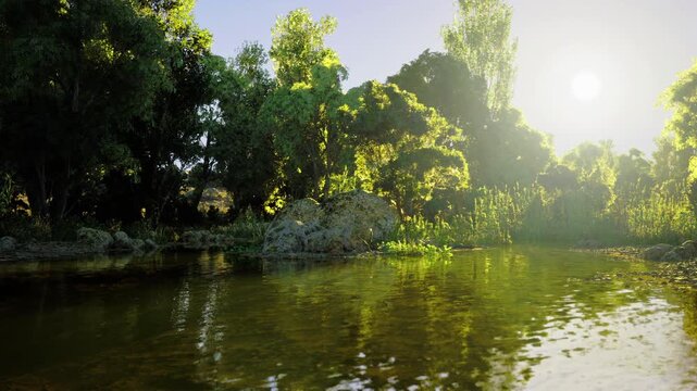 Golden river with warm backlight and dense tree silhouettes, shimmering highlights on water, immersive glow ideal for travel hero shots and lifestyle header