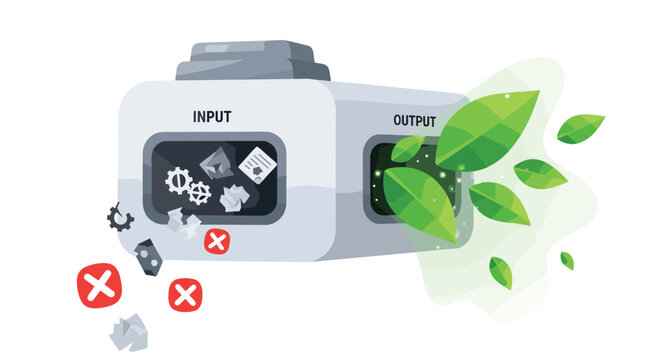 A white clean-tech recycling machine with input and output labels, processing waste and emitting green leaves and light particles.
