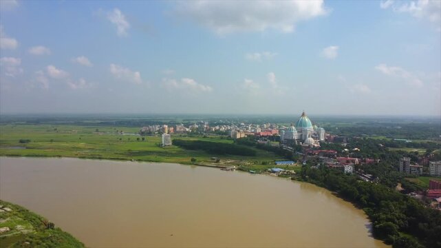 A drone flight over the Ganges towards the Vedic Planetarium in Mayapur