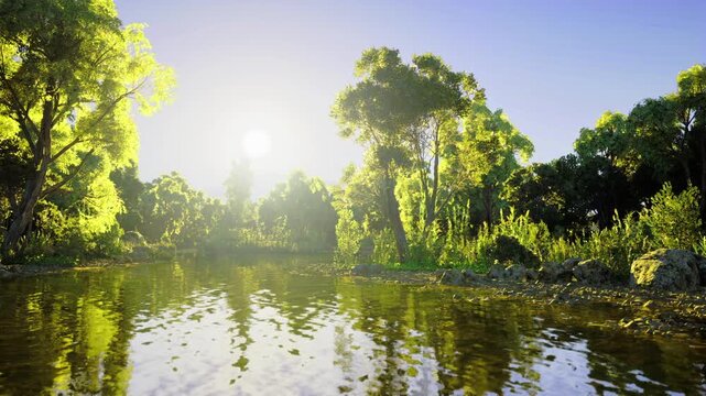 Wide reflective lake with low sun and mirrored surface, distant tree line framing horizon, bright morning sky and gentle shimmer on water, open tranquil mood