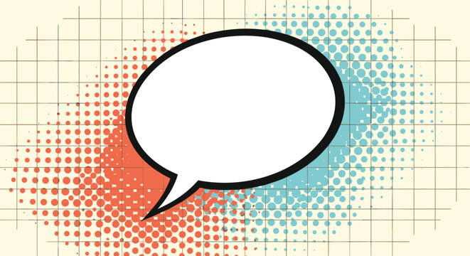 Blank comic style speech bubble on a background of grid lines and orange and blue halftone dots.