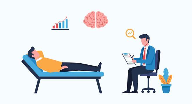 Psychologist taking notes during therapy session with a patient lying on a couch while thinking about mind and business growth.