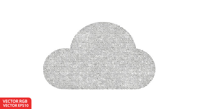 Cloud icon made of binary code numbers in a white background, representing digital information and technology.
