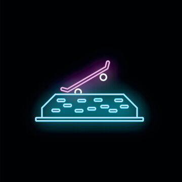 Skateboard on a half pipe glowing with blue and purple neon light outline