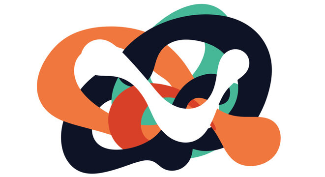 Abstract tangled curved shapes in various colors like orange blue white and green on a clean white background for modern art.