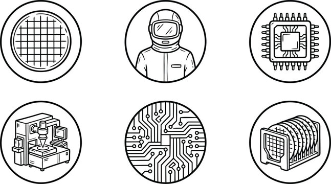 Semiconductor fabrication and microchip technology icons