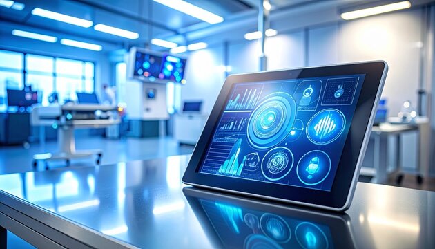 Digital tablet displaying advanced scientific data in a modern lab.