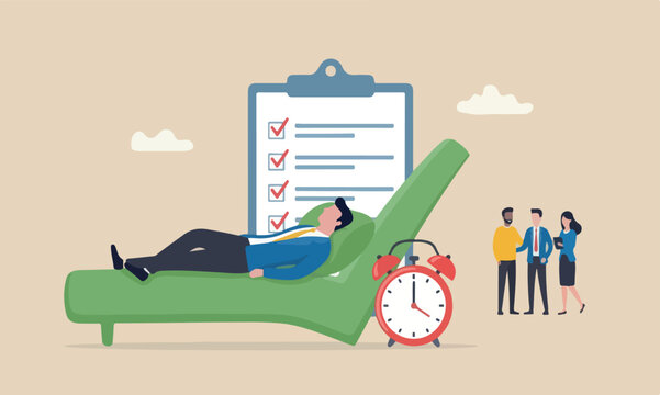 completed productivity teams together design with clean lines and minimal shading red big bullseye target concept, businessman relax sleep on complete checkbox with alarm clock