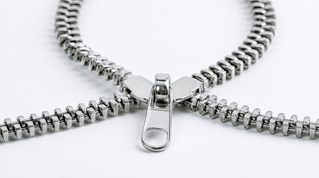 Close-up of silver metal zipper teeth and slider, partial macro shot of white fabric tape zipper, apparel luggage hardware accessory on plain white background