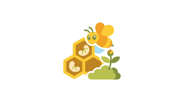 Cute cartoon bee flying near honeycomb with larvae and sprout, flat design