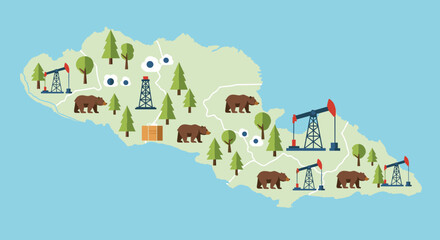 Fototapeta premium Map of a coastal region with various icons including oil derricks, bears, pine trees, and fried eggs on a light blue background.