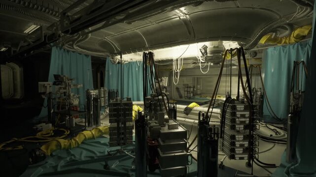 Operational medevac interior filled with stacked kits and hanging equipment, teal partition curtains, overhead wiring and warm center lighting, evokes