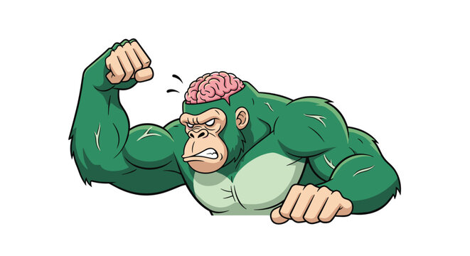 Muscular green gorilla character flexing its biceps with a human like brain visible on its head for power and intelligence concepts.