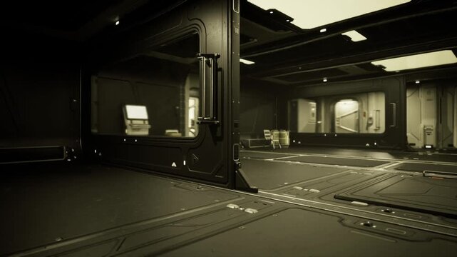 Empty observation deck with consoles and wide viewport overlooking dim hangar, soft ambient lights highlight metal flooring and storage racks quiet,