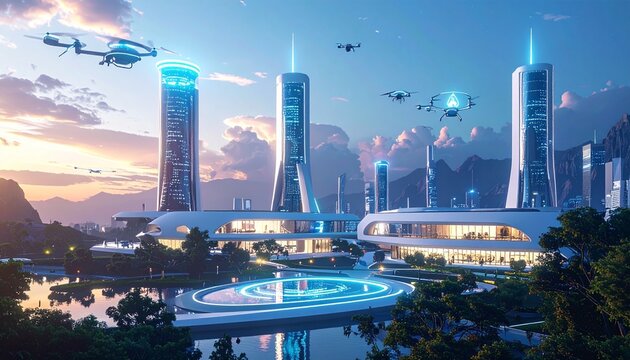 Futuristic Cityscape with Flying Vehicles and Modern Architecture.