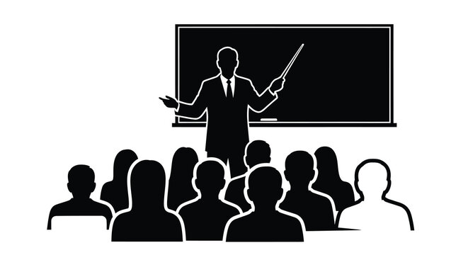 Teacher And Students Silhouette Against White Background Classroom Scene