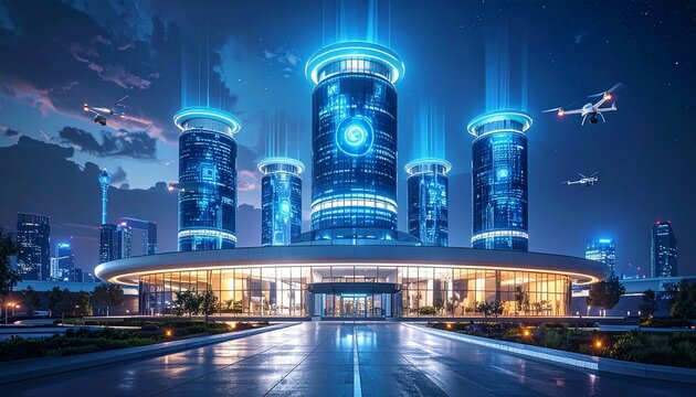Futuristic Cityscape with Glowing Towers and Advanced Aerial Vehicles at Night.
