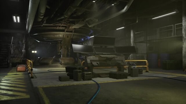 Dimly lit maintenance bay with armored vehicle on service platform, scattered tool crates and heavy cables snaking across concrete floor, flickering overhead