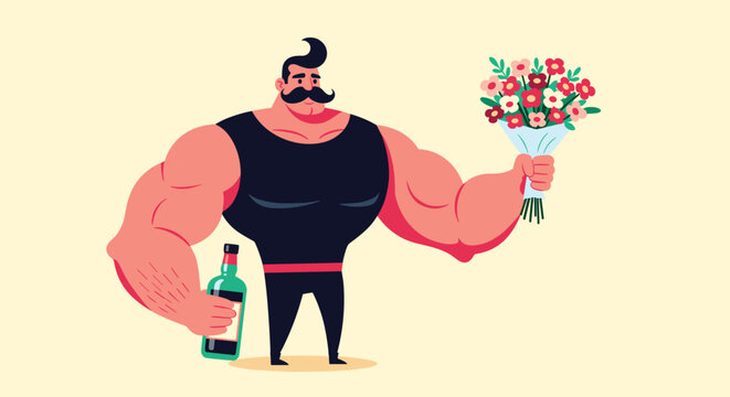 Muscular strongman with a stylish mustache holding a bouquet of flowers and a bottle of wine or spirits on a pale yellow vintage background.