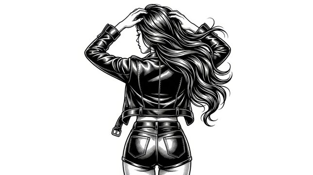 A fictional woman with short hair wearing a cropped leather jacket and high-waisted shorts, striking a fierce, confident pose that blends bold modern fashion with vintage pin-up influence. 