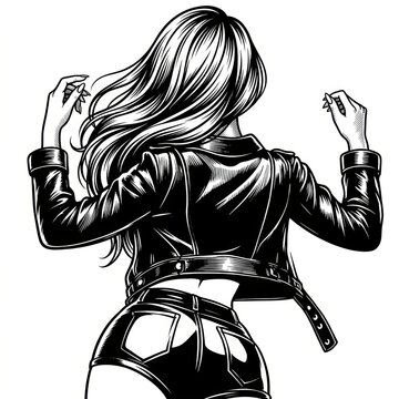 A fictional woman with short hair wearing a cropped leather jacket and high-waisted shorts, striking a fierce, confident pose that blends bold modern fashion with vintage pin-up influence. 