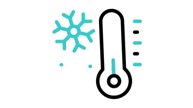 Animated thermometer with snowflake icon loop, cold temperature and air conditioning climate control concept, isolated on white background