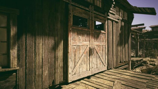 Weathered barn doors with dramatic sunlight and coarse wood grain, heavy iron hinges and worn planks creating rustic frontier mood, high contrast shadows,