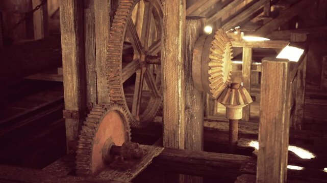 Restoration focus on mill gear teeth showing worn wooden and metal surfaces under direct highlight, macro texture study with conservation tools nearby